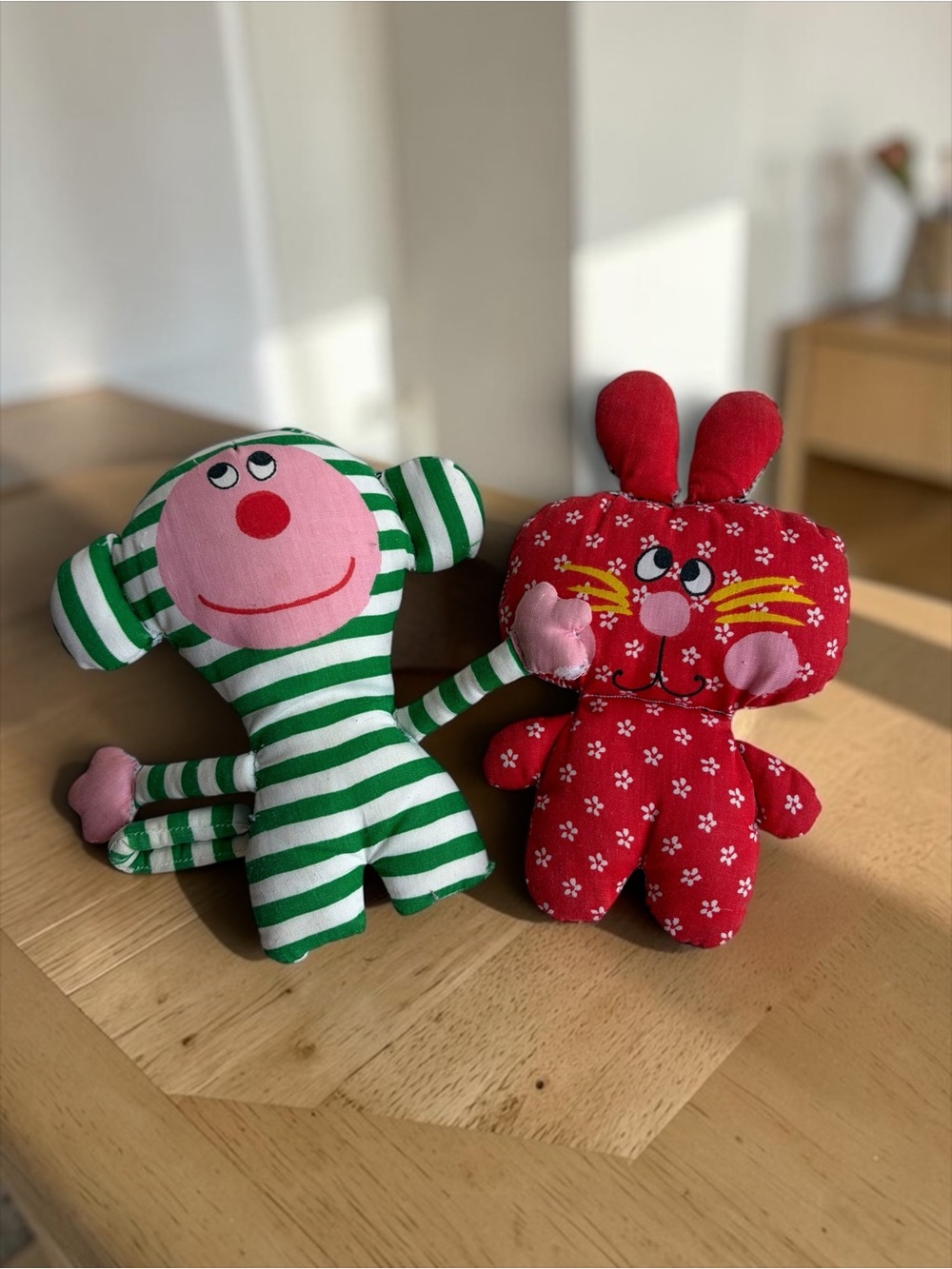 Handmade Plush Toy Duo - Green Striped Monkey & Red Floral Bunny